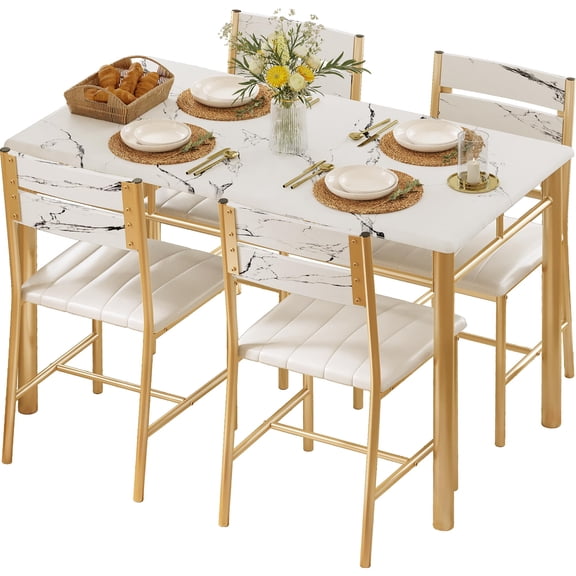 Marble-Top Dining Table Set For 4 With Upholstered Chairs, White & Gold
