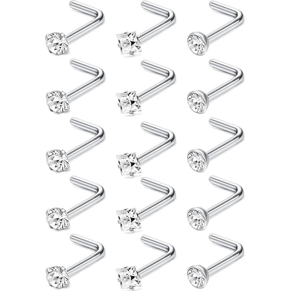 Hypoallergenic Nose Rings for Women Men - 15Pcs 316L Surgical Stainless Steel Nose Rings Studs L Shaped/Corkscrew/Straight Studs Rings Cubic Zirconia Labret Lip Nose Nostril Piercing Jewelry 20G