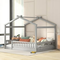 Bellemave Full Size House Floor Bed, Wooden Montessori Full Bed with Fence Railings and Support Slats, No Box Spring Needed (Gray)