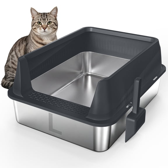 Large Stainless Steel Litter Box, Siooko High Sided Metal Litter Box for Most Cats Kitten, Dark Gray