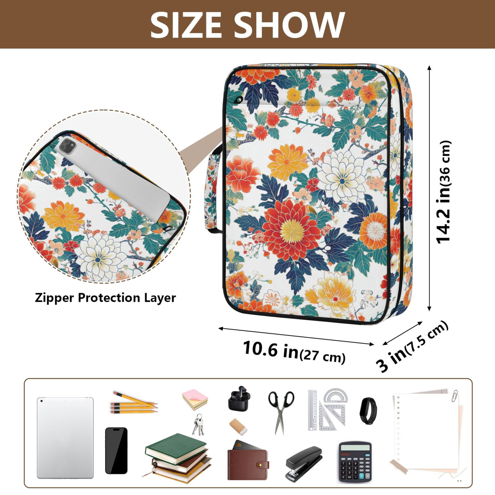 FORMRS Accordion File Folder A4 Size 7-Pocket Expanding Document Organizer Bag with 3 Ring Binder, Colorful Flowers Pattern