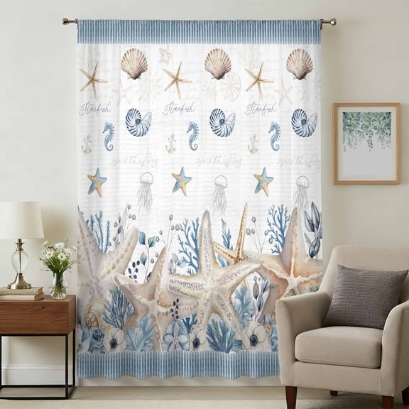Beige Starfish Coastal Sheer Curtains 45" Long, Blue Summer Beach Coral Shell Nautical Light Filering Curtains, Breathable Simi Curtain Privacy Drapes for Kitchen Bathroom Small Window Treatment