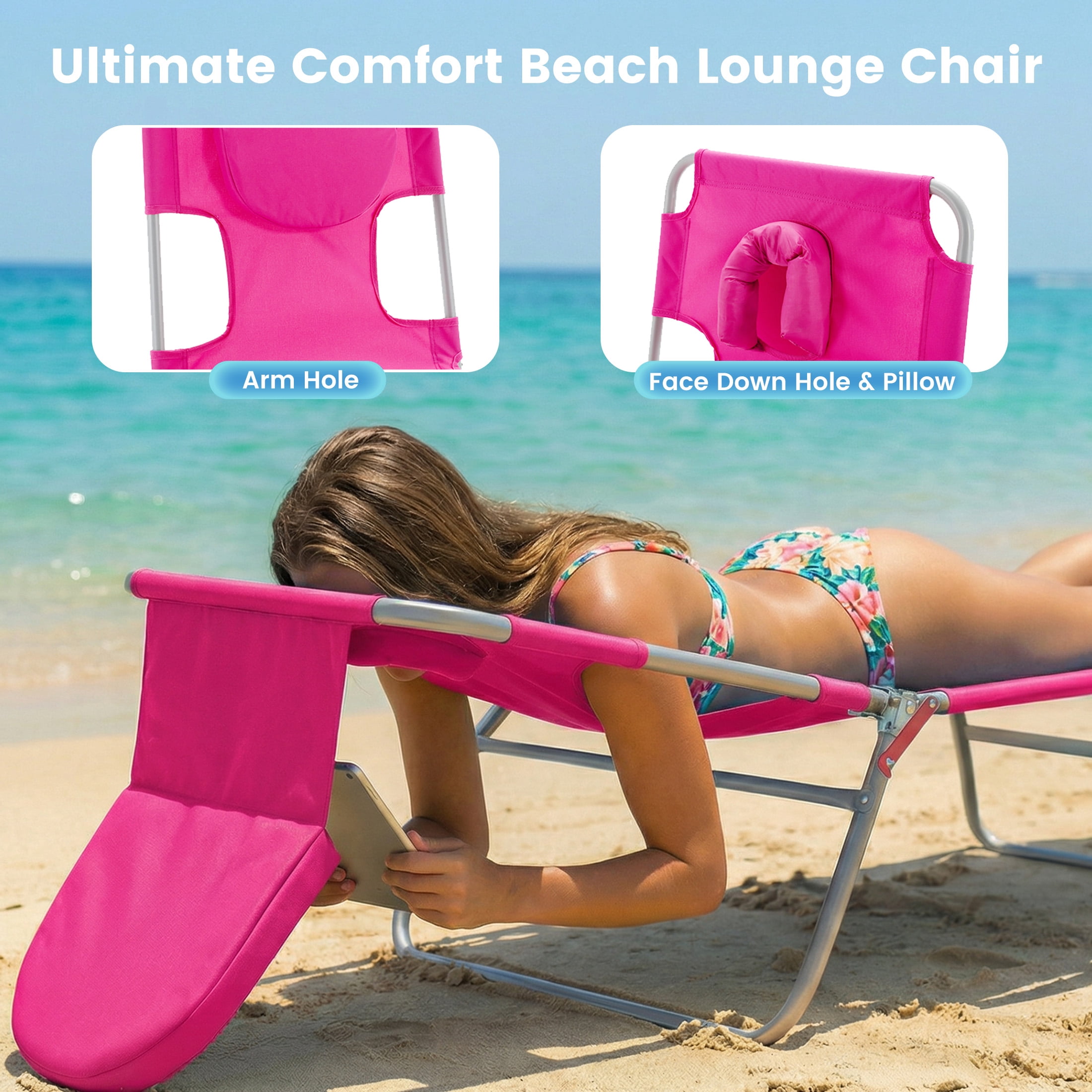 EDX Folding Adjustable Chaise Lounge Chair, Portable Beach Lounge Chair with Backpack Straps & Side Pocket for Outside, Patio, Poolside, Lawn