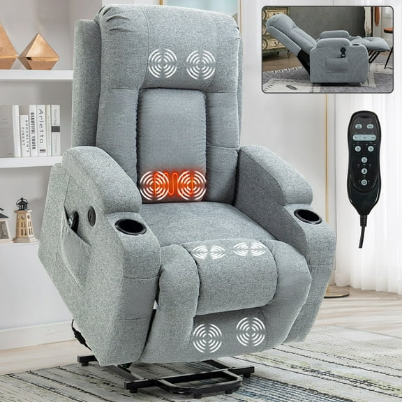 Infinite Position Single Motor Up to 350 LBS Power Lift Recliner Chair for Elderly, Heavy Duty Motion Mechanism with 8-Point Vibration Massage and Lumbar Heating, USB Charging Port, Cup Holders,