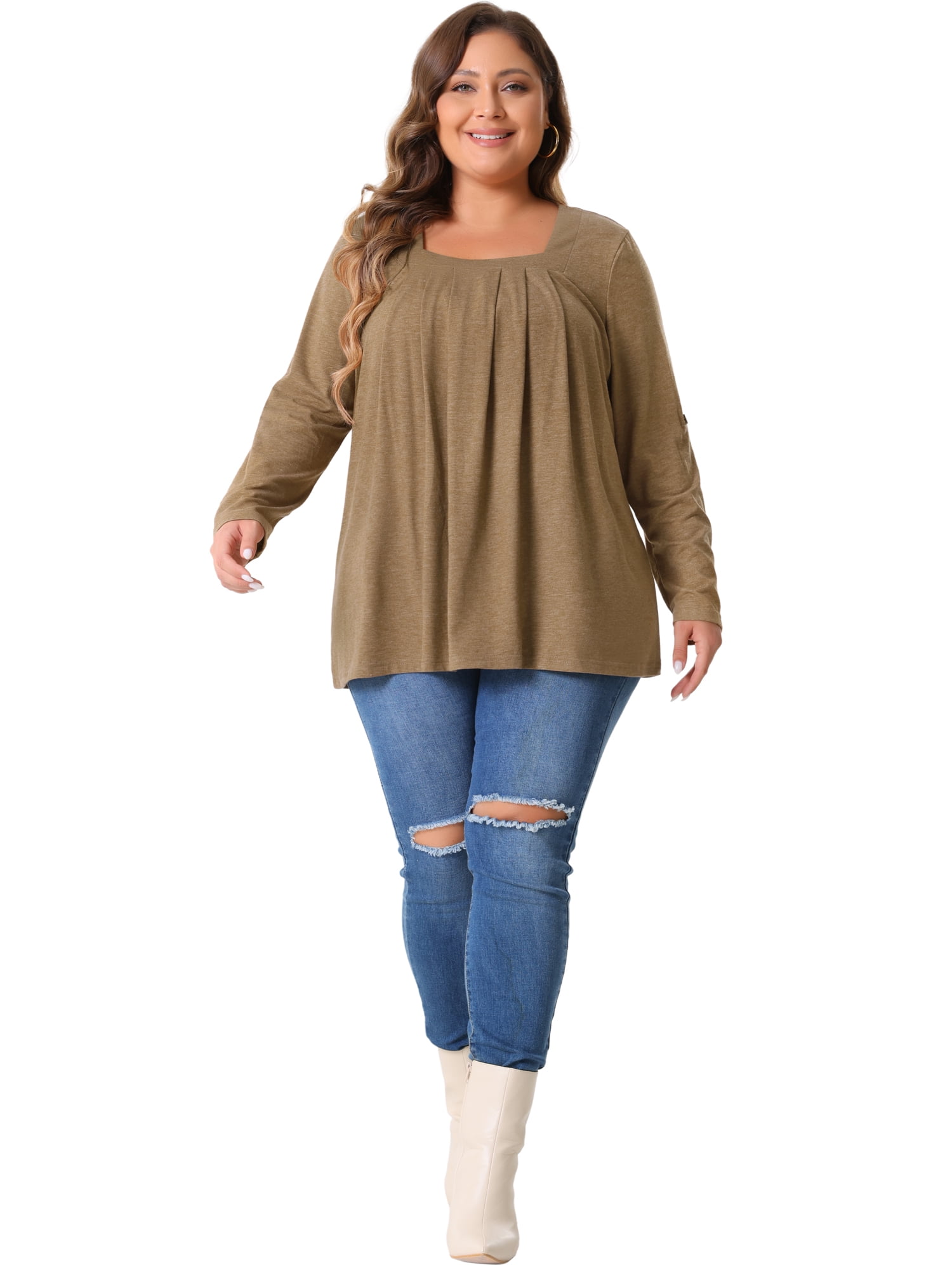 DARING DIVA Women's Plus Long Sleeves Square Neck Flowy Pleated Top 1X Brown