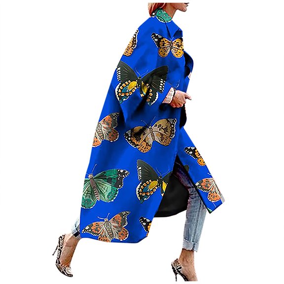 asdoklhq Winter Coats for Women Plus Size Clearance,Printed Pocket Jacket Outerwear Cardigan Overcoat Long Trench Coat