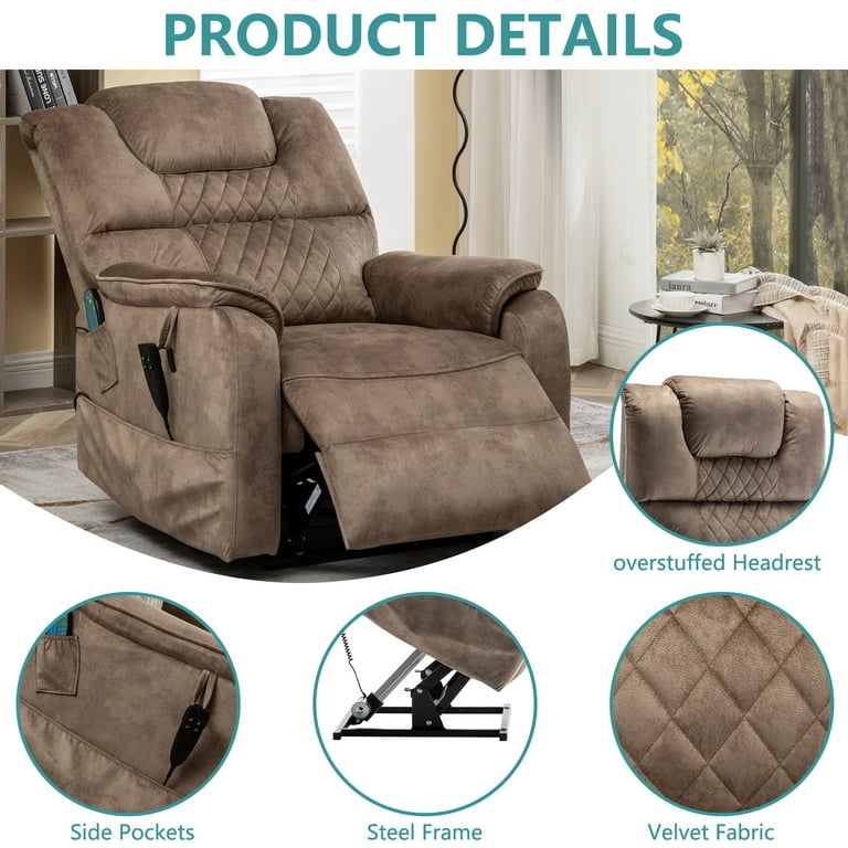 Uhomepro Large Electric Massage Recliner with Heat, Velvet Lift Recliner Chair for Elderly Oversize, Living Room Chaise Lounge w/ 5 Vibration Modes