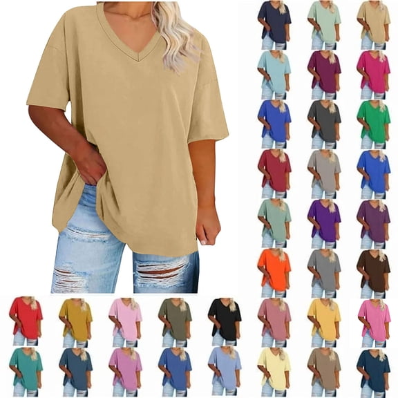 Auralook Womens V Neck Solid Plus Size T Shirts Oversized Loose Fit Short Sleeve Tops Casual Summer Vacation 2026