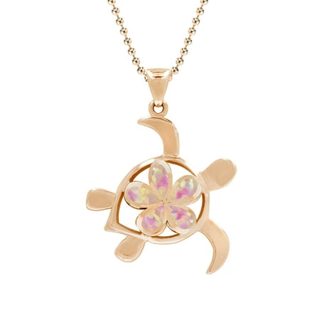 Rose Pendant Bead 14k Rose Gold Plated Sterling Silver Turtle Plumeria Pendant with Synthetic Pink Opal and 18