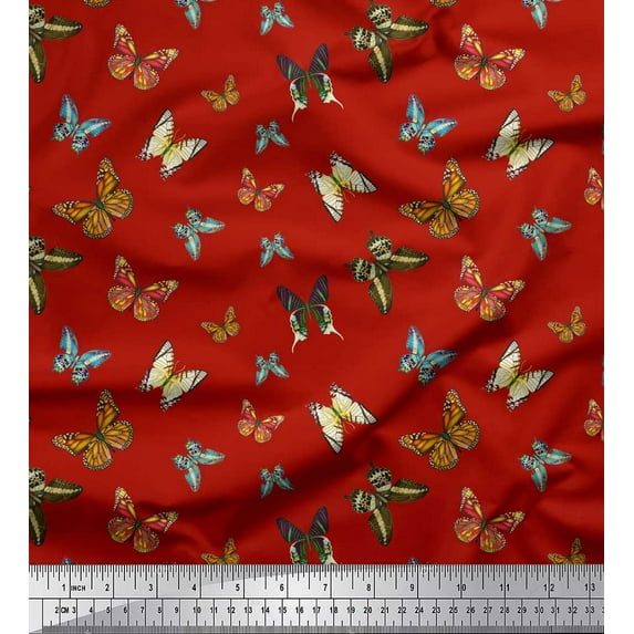 Soimoi Red Japan Crepe Satin Fabric Colorful Butterfly Decor Fabric Printed Yard 42 Inch Wide