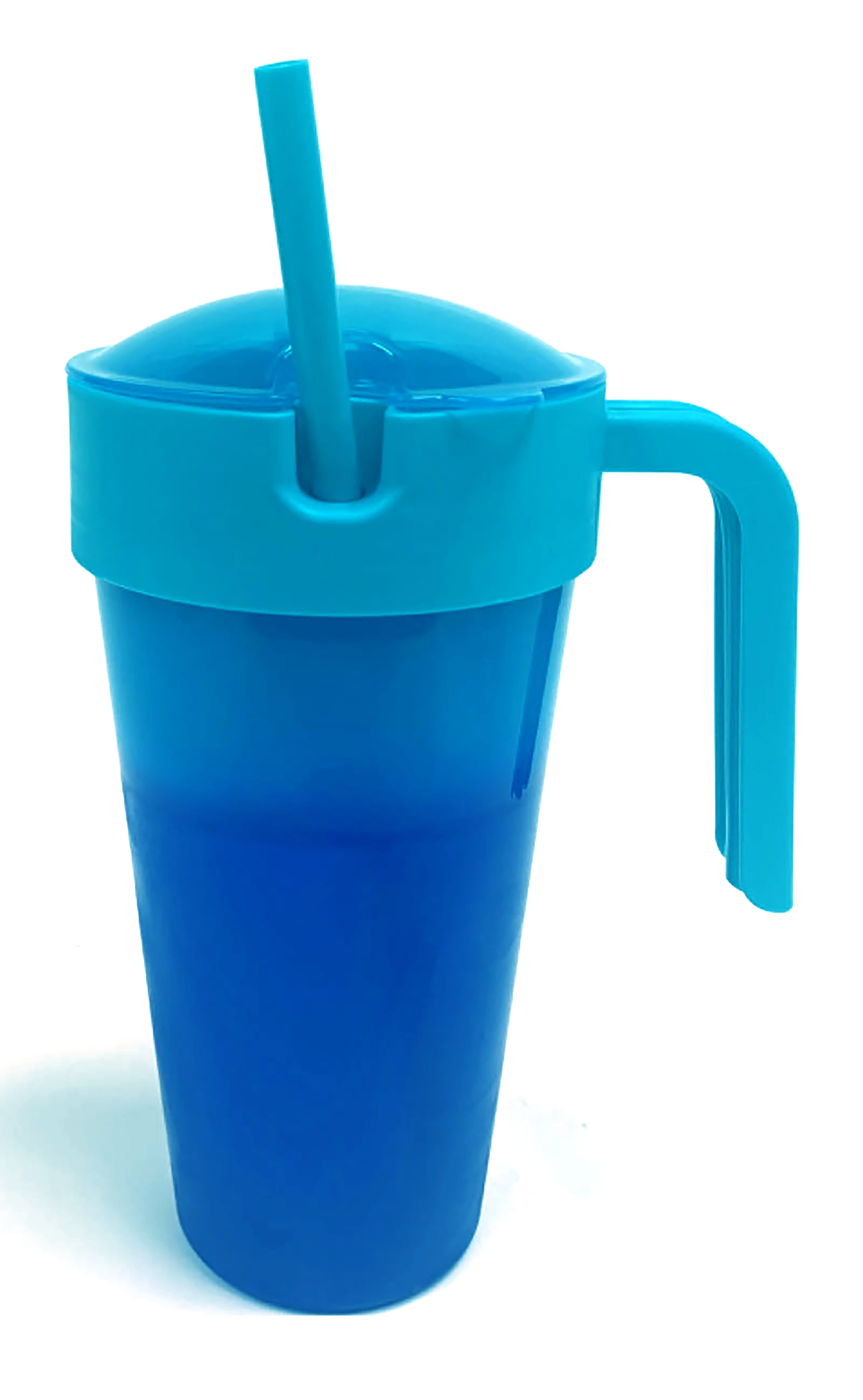 Mainstays 24 oz Plastic Snack Tumbler with Straw, Blue, Color Changing, Includes Snack Compartment with Lid