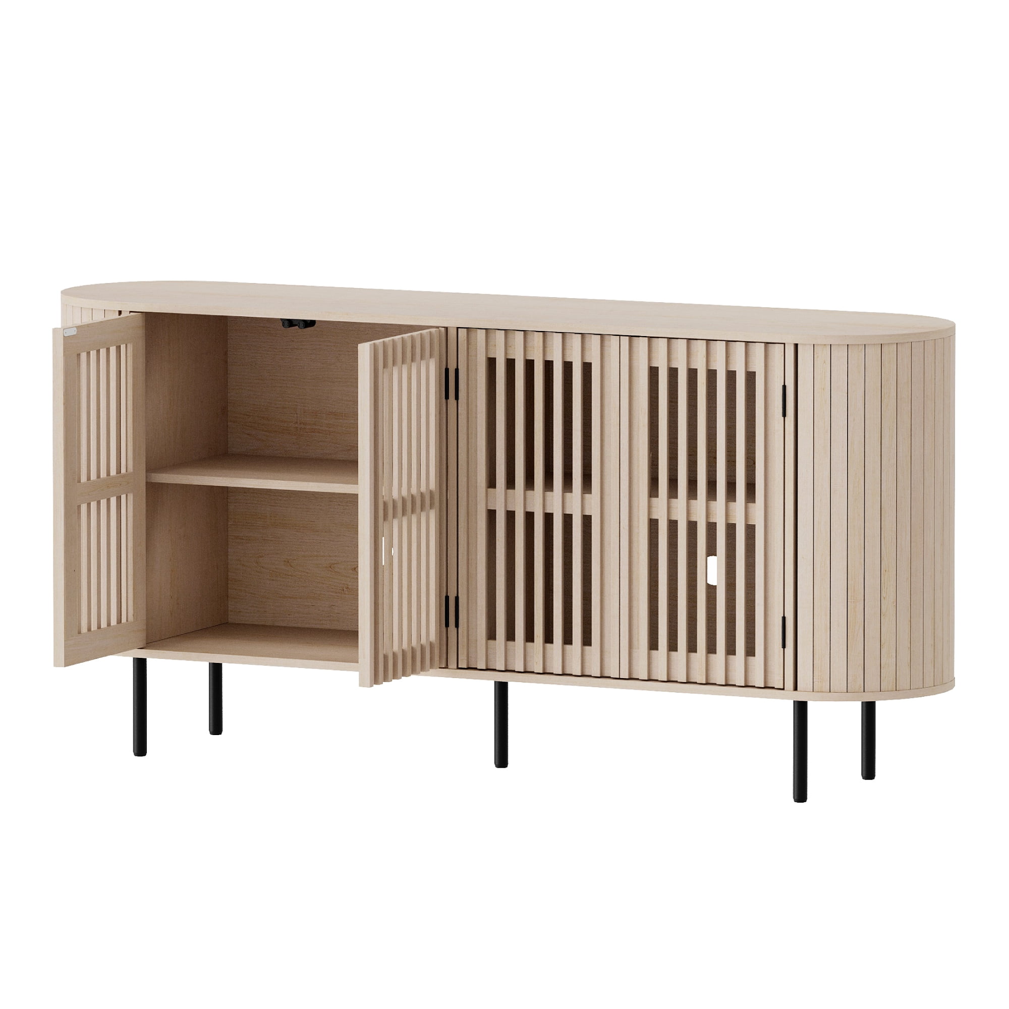 WAMPAT Modern Sideboard Buffet Cabinet with Storage, Wooden Accent Storage Cabinet with 4 Fluted Doors, Credenza with Curved Design for Dining Room, Living Room, Kitchen, Natural