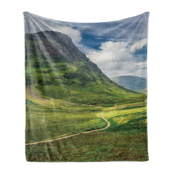 Scotland Soft Flannel Fleece Throw Blanket, Footpath into the Highland Vertical Shot Landscape Fluffy Clouds Dull Sky, Cozy Plush for Indoor and Outdoor Use, 70" x 90", Multicolor, by Ambesonne