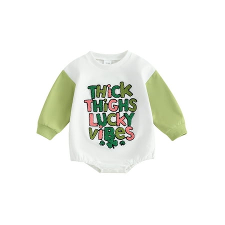 

Bslissey Baby Boys Crew Neck Romper Patchwork Long Sleeve Letter Shamrock Plush Embroidery Jumpsuit 3M 6M 12M 18M Newborn Infant Casual Holiday Clothes Bodysuit
