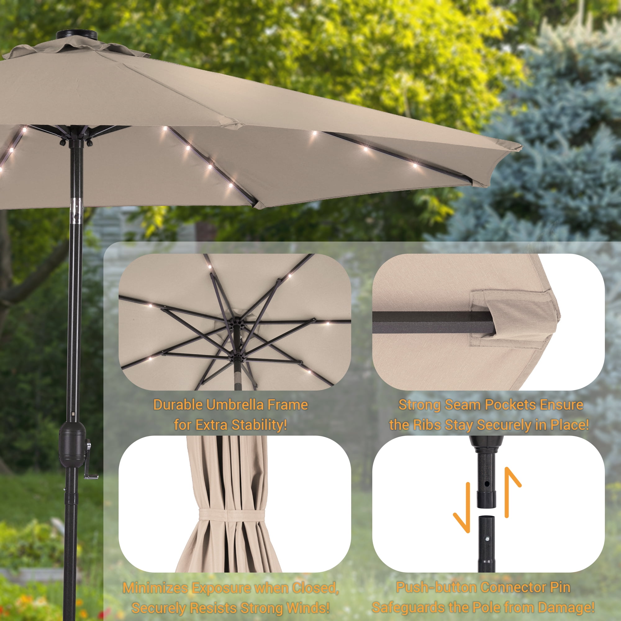 ACEGOSES 10Ft Solar-powered Large Round Outdoor Patio Market Umbrella with Crank, Beige