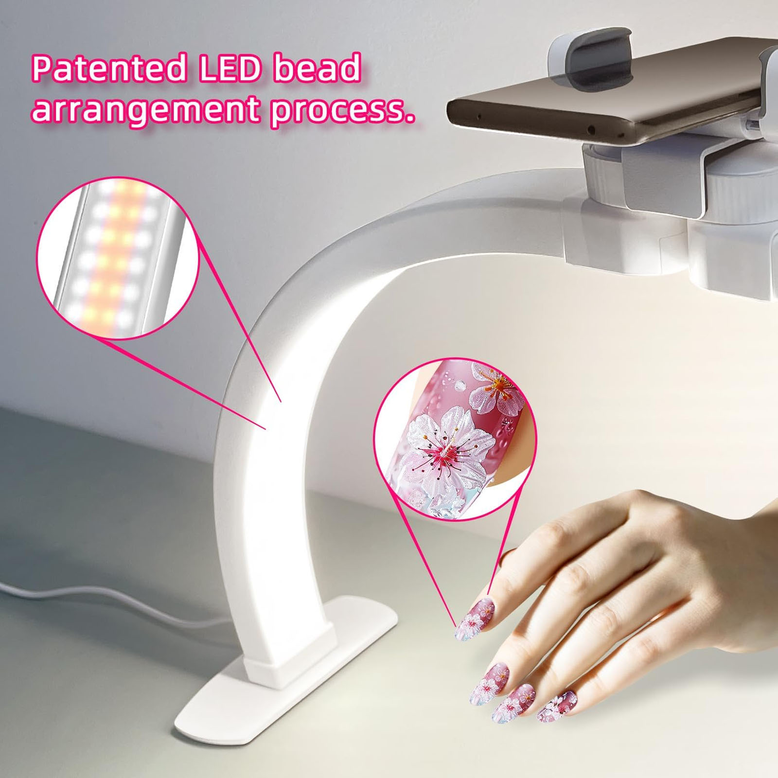 Half Moon Light for Nail Desk, Foldable Nail Lamp with Phone Holder,  Nail Desk Lamp, 3 Modes 10 Brightness, Portable Half Moon Lamp Arch Light for Lighting/Nail Art/Beauty/Eyelashes/Tattoos