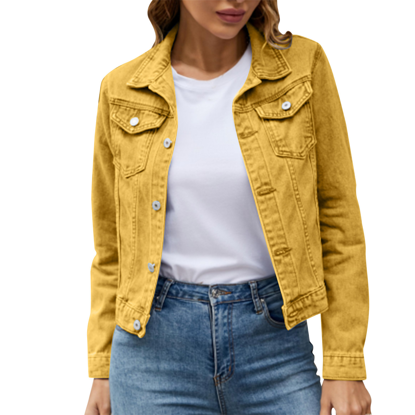 iOPQO womens sweaters Women's Basic Solid Color Button Down Denim Cotton Jacket With Pockets Denim Jacket Coat Women's Denim Jackets Yellow XXL - image 3 of 8
