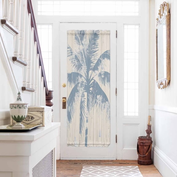 Blue Palm Tree Door Curtains for Door Window, French Sidelight Front Back Door Curtains With Tieback, Coastal Summer Wooden Kitchen Rod Pocket Drapes Panel, 54"x72"