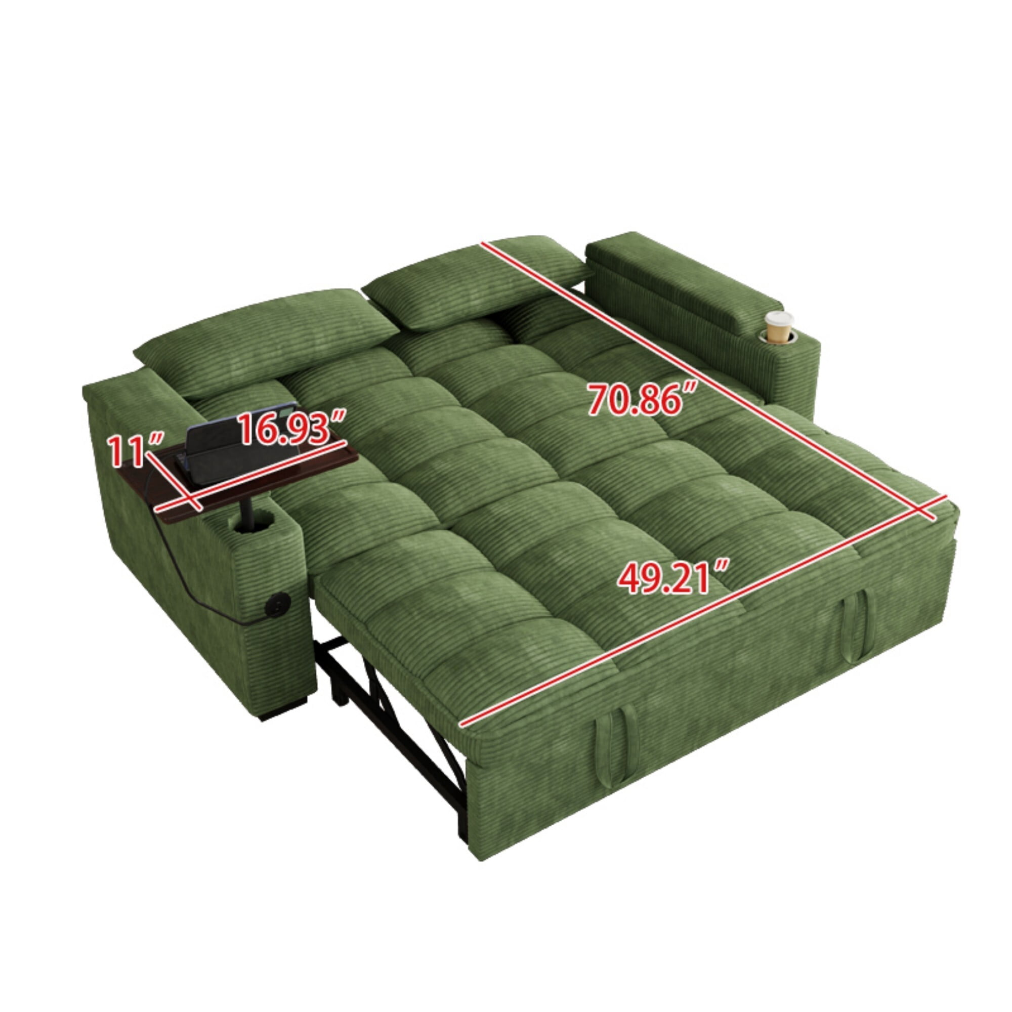 DEALTOPS 65" Corduroy Sleeper Sofa Bed, 3-Position Pull Out Couch with 360° Swivel Table, USB & Storage, Green