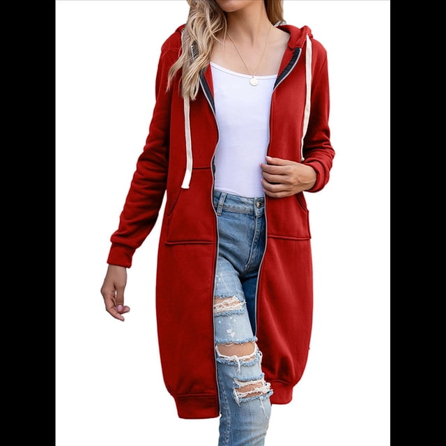 Sudadera con Capucha y Cremallera para Mujer, Chaqueta Informal de Larga para Otoño, Chaquetas Largas de Otoño con Bolsillos, Túnica Gran Rojo XL
