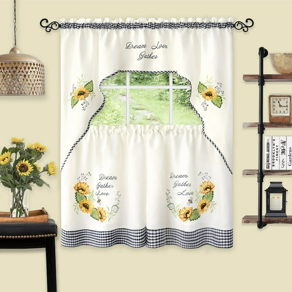 PowerSellerUSA Tier and Swag Window Curtain Set, Sunflower Bedroom Curtains Sets for Windows, Love Themed and Rod Pocket Style Polyester Drapes for Farmhouse and Hoom Decor, 58 x 24 inches, White