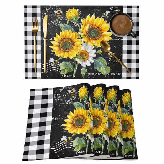 Sunflower Vintage Placemats Set of 6, Floral Bee Farmhouse Black Buffalo Plaid Non-Slip Place Mats Washable Table Mats for Kitchen Dining Table Decorations Indoor/Outdoor