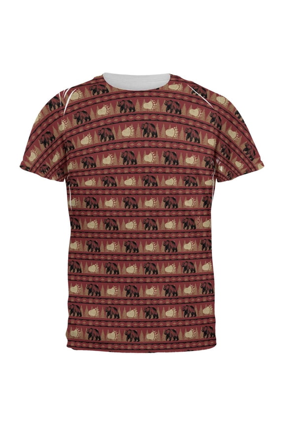 Grizzly Bear Adirondack Pattern Red All Over Mens T Shirt Multi 2XL
