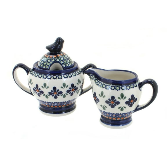 Blue Rose Polish Pottery Mosaic Flower Cream & Sugar