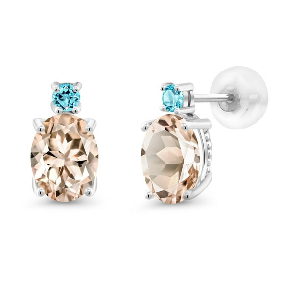 Gem Stone King 14k White Gold Peach Morganite and Swiss Blue Topaz Earrings for Women (2.16Cttw, GemstoneOctober Birthstone, Oval 8X6MM, Round 2.5MM)