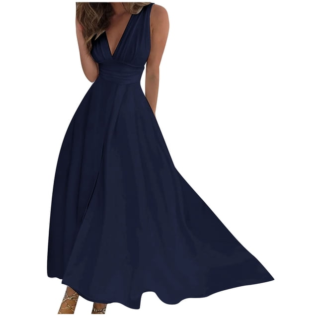 AherBiu Robe Longue Formelle pour Femmes Sans Manches à Col en V Plongeant Froncée Fluide pour Soirée, Fête, Cocktail