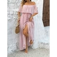 thumbnail image 6 of Women'S Off Shoulder Dot Maxi Dress Ruffle Corset Tassel High Waist Sundress Split Solid Casual Long Dress Dark Pink S, 6 of 8