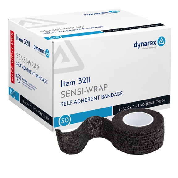 Dynarex Sensi-Wrap Self-Adhesive Bandages, 30-Pack, 1" x 5 yards, Black, Latex, Colored Elastic Cohesive Athletic Tape, Tattoo Grip & Vet Wrap