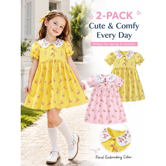 HILEELANG Toddler Girls Short Sleeve Peter Pan Collar Dress Spring Summer Cotton Casual Pink Yellow Bunny Printed Jersey Shirt Dresses 2 Packs 2T