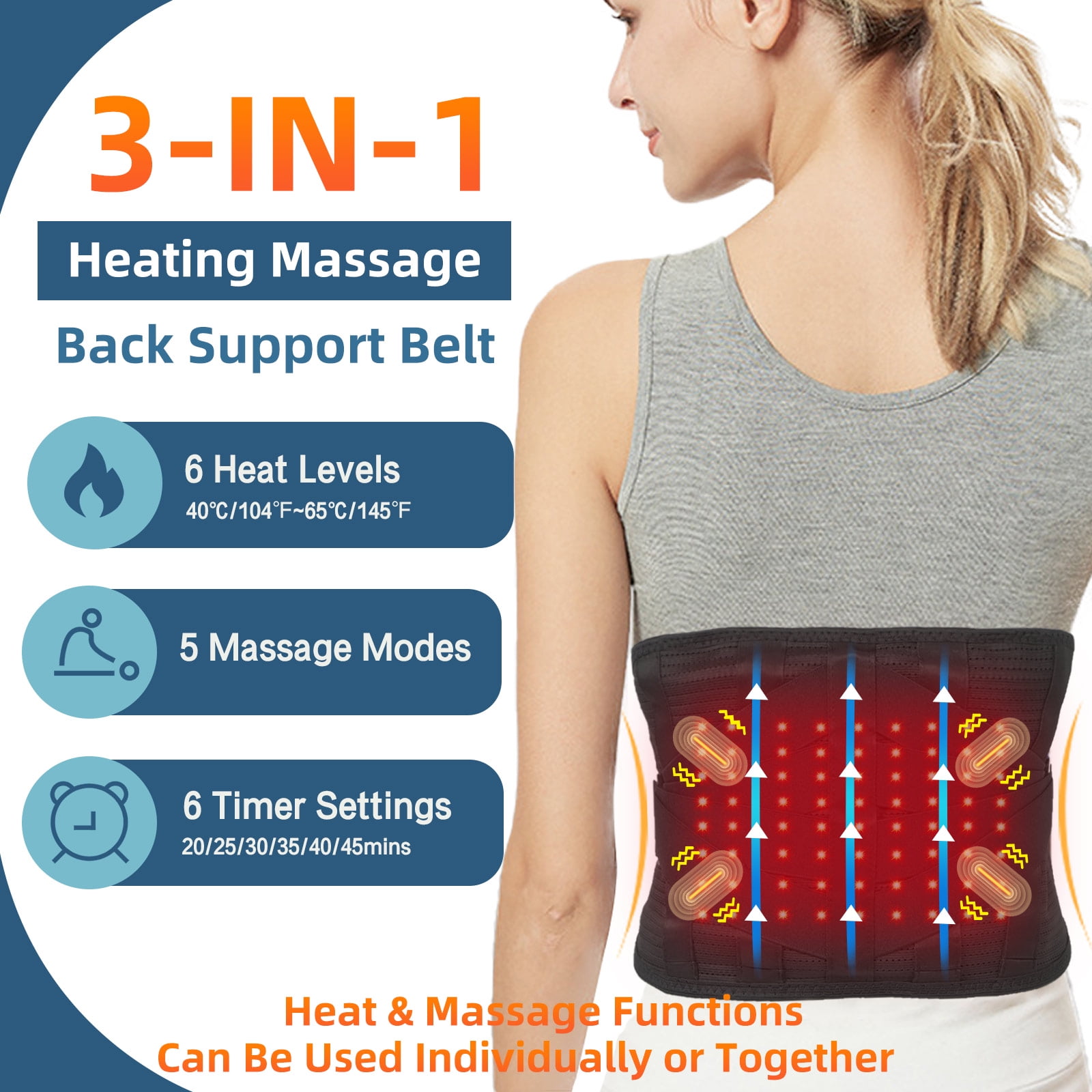 HONGJING Massage Back Brace for Lower Back Pain Relief,  Heated Support Belt for Relieving Pain from Herniated Disc, Scoliosis, Sciatica (L)