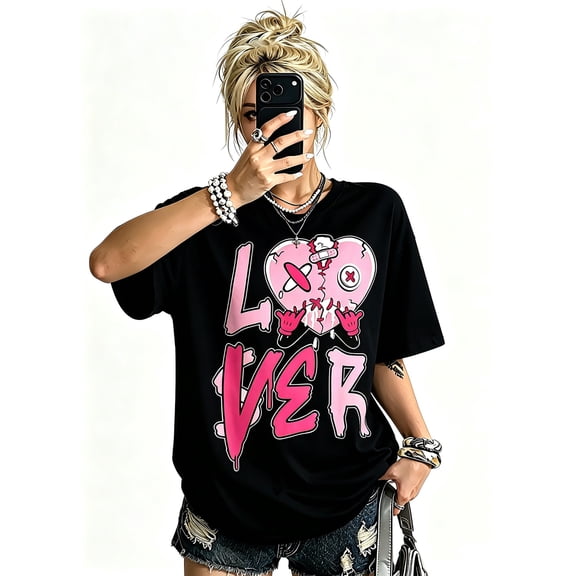 Women's Broken Heart Lover Graffiti Graphic T‑Shirt Cotton Black Short Sleeve Crewneck Oversized