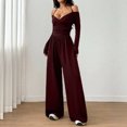 thumbnail image 2 of Morttic Women's Off Shoulder Halter Tie V-Neck Long Sleeve Jumpsuit – Ruched High Waist Wide Leg Casual One Piece Wine Red，L, 2 of 4