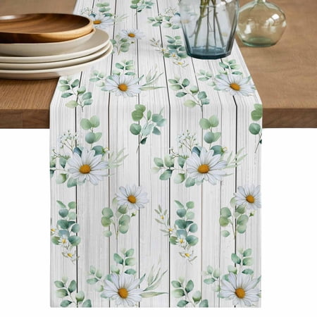 Table Runner 72 Inches Long for Kitchen Dining Daisy Dresser Scarf Farmhouse Dining Table Decorations for Wedding/Parties Spring Floral Eucalyptus Leaves Botanical Gray Wood 13 x 72 In