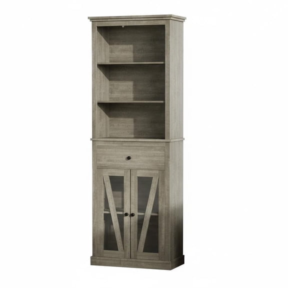 66.5" Narrow Farmhouse Storage Tower – Vertical 5-Shelf Cabinet with Framed Glass Doors & Utility Drawer – Slim Pantry/Display Unit for Compact Spaces – Gray Wood
