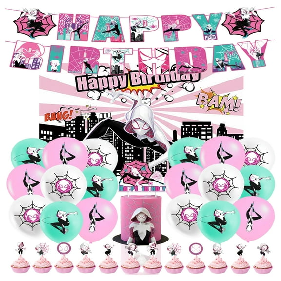 Gwen cartoon birthday party supplies, party decorations include happy birthday banner, balloons, backdrop, cupcake toppers
