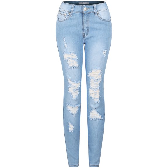 2Luver, Women's, Stretchy 5 Pocket Skinny Distressed Denim Jeans, Medium Blue, 1