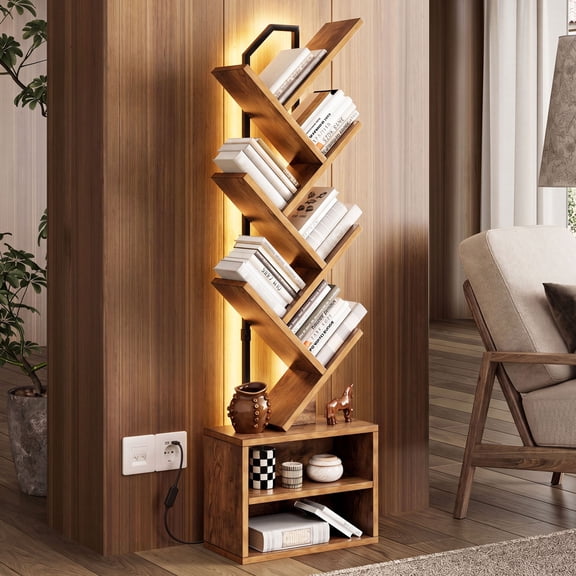 Casacomoda 6 Tier Tall Tree Bookshelf with LED Lights, Bookcase with Double Storage Cabinet, Narrow Corner Display Shelf, Floor Standing Organizer for Living Room, Bedroom, Home Office, Vintage