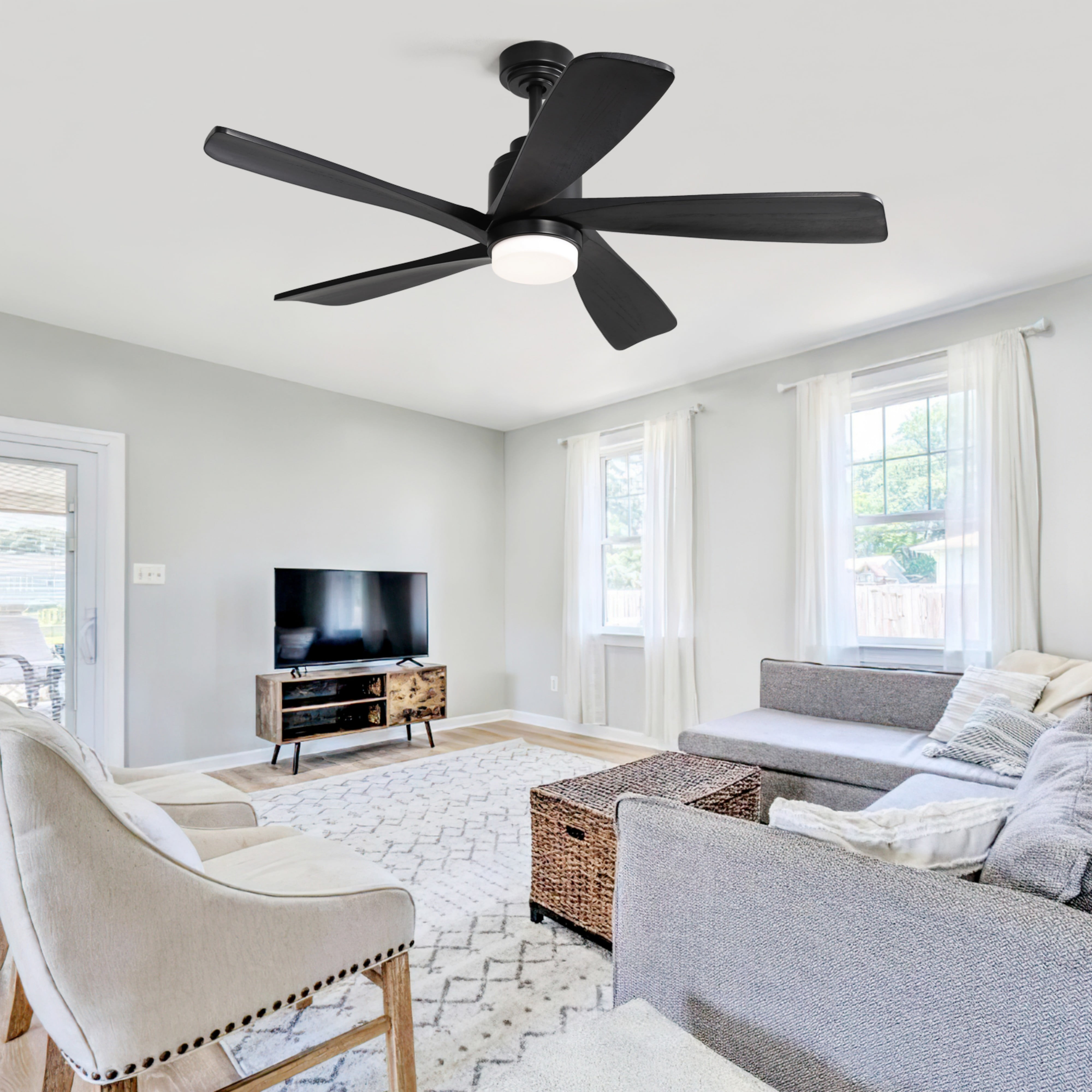 Sofucor 52-Inch Black Wood Blade Ceiling Fan with LED Light and Remote Control - Modern, Farmhouse, Contemporary
