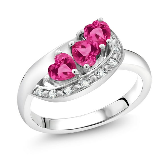 Gem Stone King 925 Sterling Silver Pink Created Sapphire and White Created Sapphire Engagement Ring for Women (1.56 Cttw, Gemstone September Birthstone, Heart Shape 4MM, Size 6)