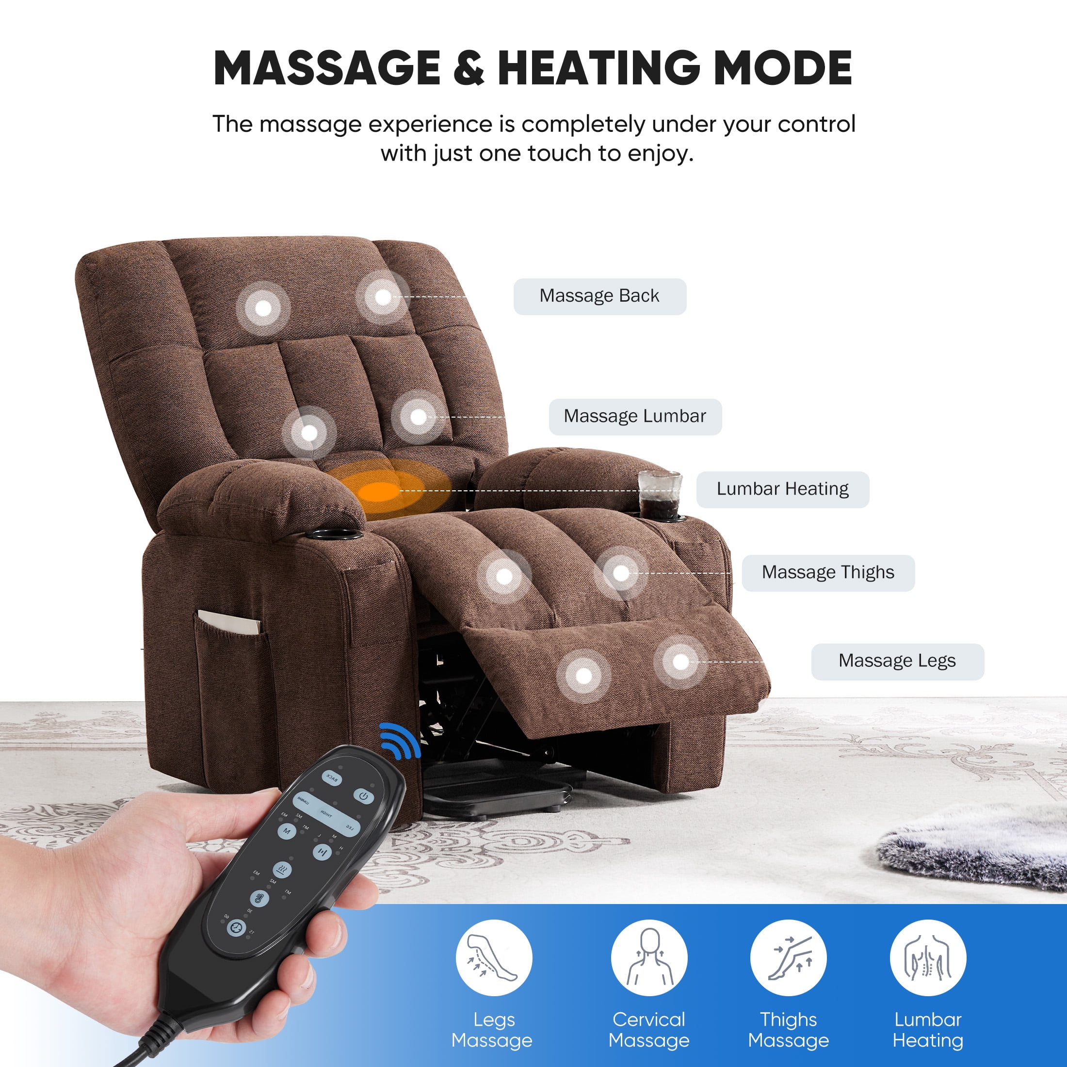 CONCETTA Power Lift Chair, Adult Recliner with Massage and Heating, Brown