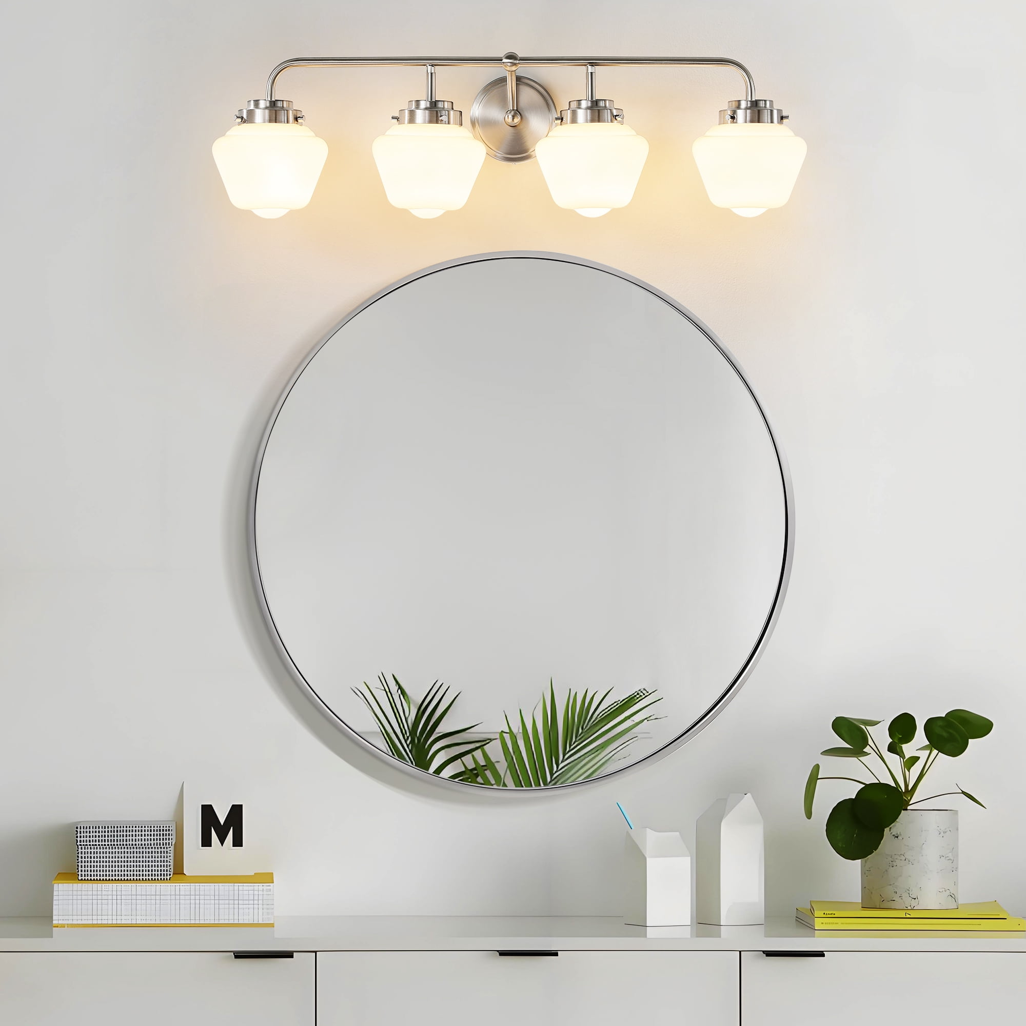 Bathroom Vanity Light Fixtures 4-Lights Brushed Nickel Vanity Lights Over Mirror, E26 40W Modern Bathroom Lighting Fixture with Milky White Glass for Bath Restroom