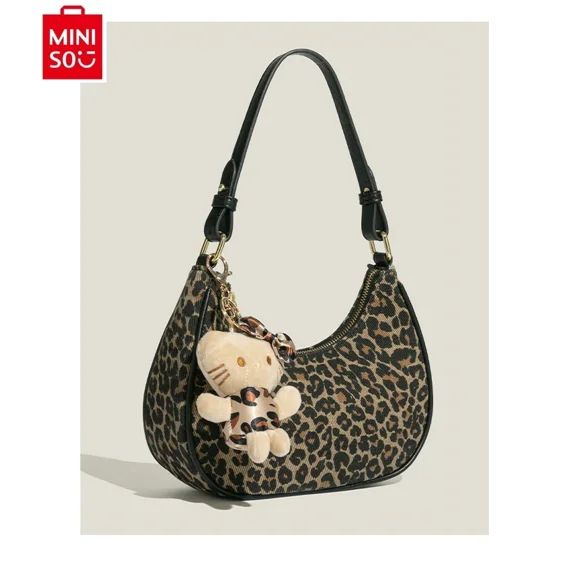 MINISO 2025 New Retro Fashion Leopard Pattern Hello Kitty Underarm Bag Women's Multi functional Storage Versatile Crescent Bag