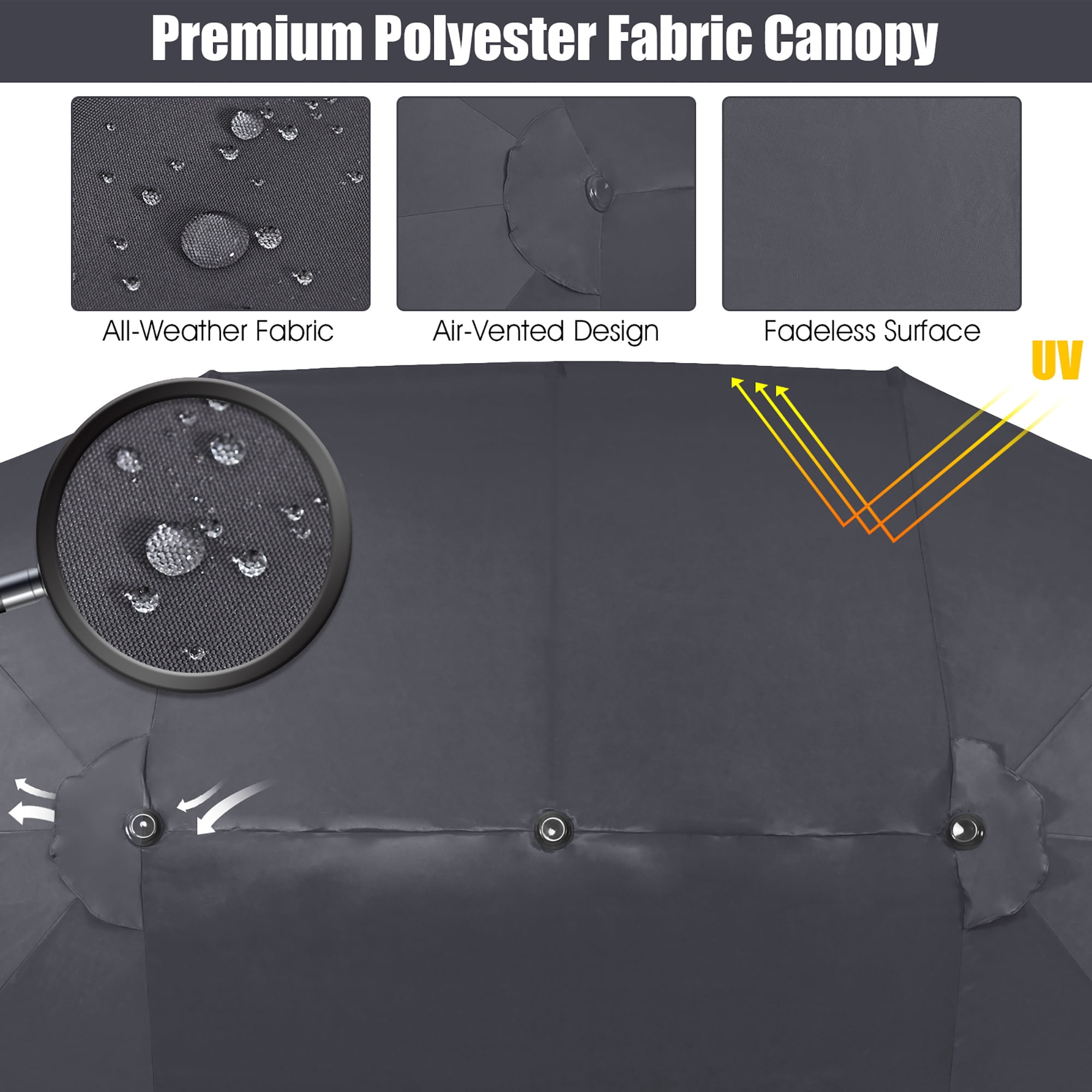 Costway 15FT Double-Sided Twin Patio Umbrella Sun Shade Outdoor Crank Market Base Grey