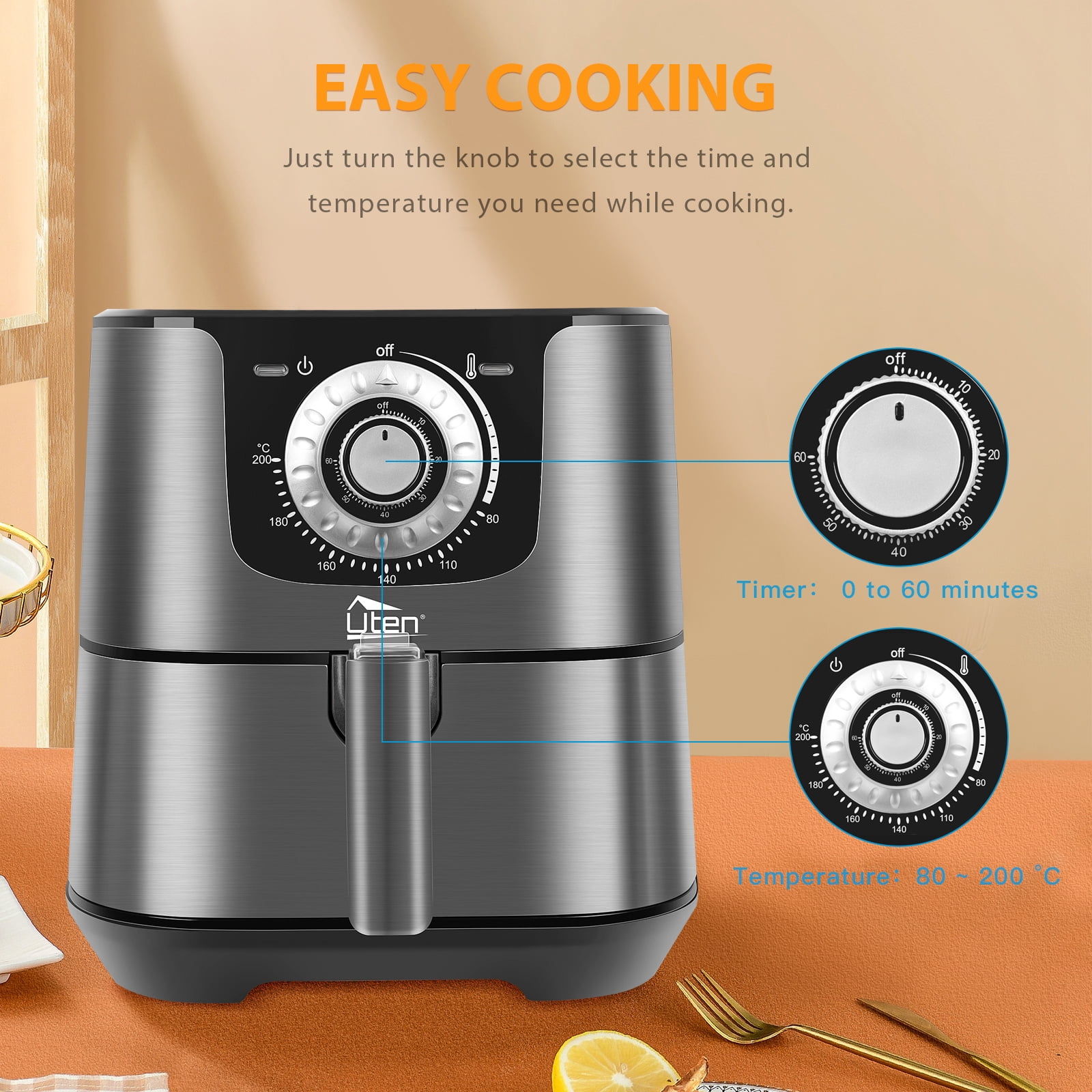 Uten 5.8 Qt Air Fryer Toaster Oven, 1700W 8-in-1 Digital Airfryer, Timer & Temperature Control, Nonstick Basket for Roasting, Baking, Reheating, Easy to Clean, Compact Design, Black