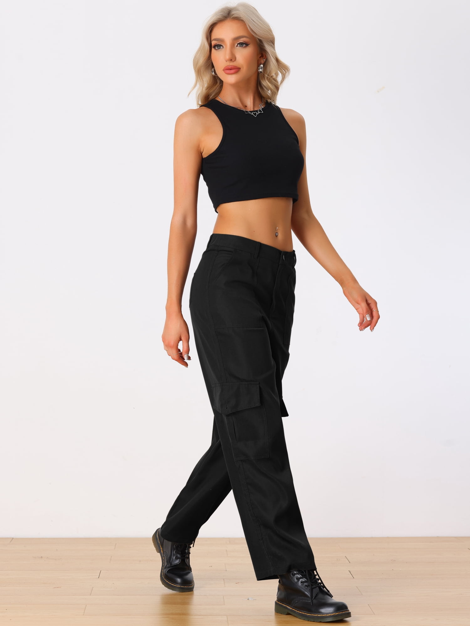 DARING DIVA Women's Cargo High Waisted Baggy Wide Leg Pockets Pants XS Black