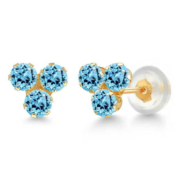 Gem Stone King 14K Yellow Gold Swiss Blue Topaz Trio Three Stone Stud Earrings for Women (0.90 Cttw, Gemstone November Birthstone, Round 3MM)